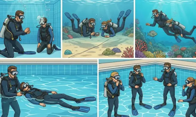 Un sommozzatore, con la sua attrezzatura, impara e pratica immersioni in piscina e in mare, esplorando fondali marini e imparando tecniche di sicurezza.