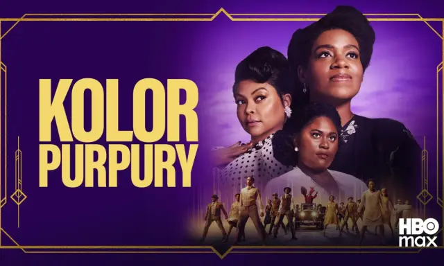 Plakat filmu "Kolor purpury" z trzema kobietami i grupą tańczących ludzi.