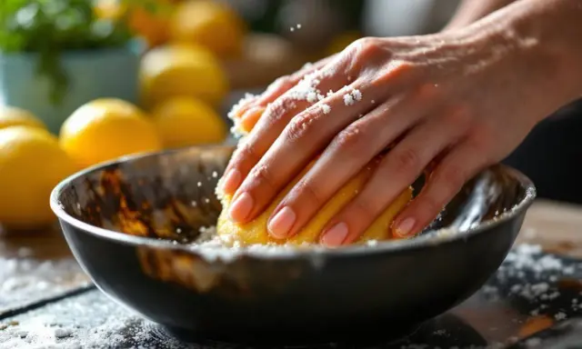 Mains frottant un citron sur un bol en cuivre pour désoxyder le cuivre. Des grains blancs tombent.