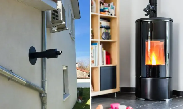 Installation poêle à granulés ventouse : évacuation extérieure et poêle allumé à l'intérieur.