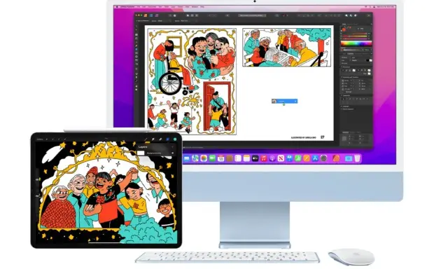 Komputer i tablet z ilustracjami, tworzące idealny zestaw do pracy twórczej. Ten **universal control** pozwala na płynne przenoszenie projektów między urządzeniami.