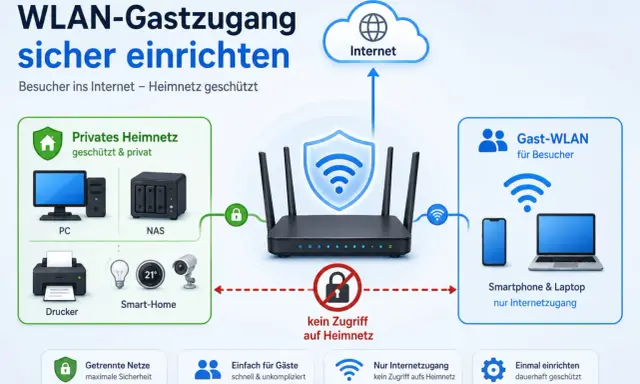 So lässt sich der WLAN-Gastzugang sicher einrichten: Gäste surfen im Internet, Ihr Heimnetz bleibt geschützt.