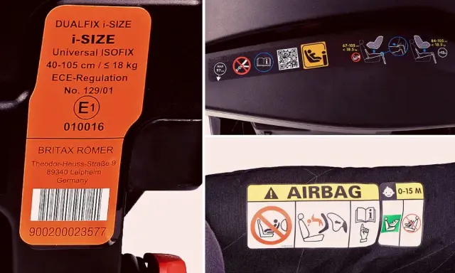Naklejka z homologacją ECE na fotelik samochodowy Britax Römer, potwierdzająca zgodność z normą i-SIZE.
