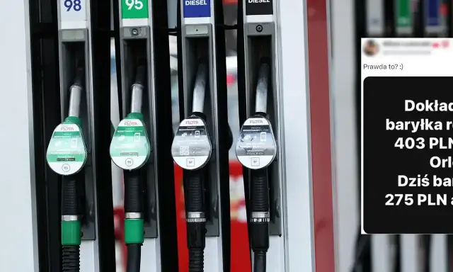 Stacja paliw z dystrybutorami benzyny 98, 95 i diesla. Obok tekst: "Dokładnie baryłka ropy 403 PLN. Orlen. Dziś baryłka 275 PLN".