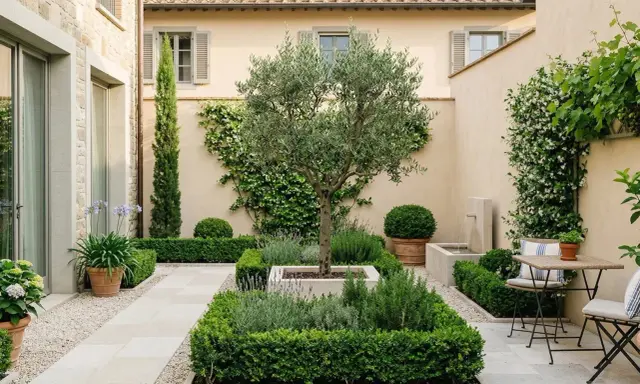 Giardino piccolo moderno con ulivo centrale, siepi squadrate, fontana e tavolino. Idee per un angolo verde raffinato.