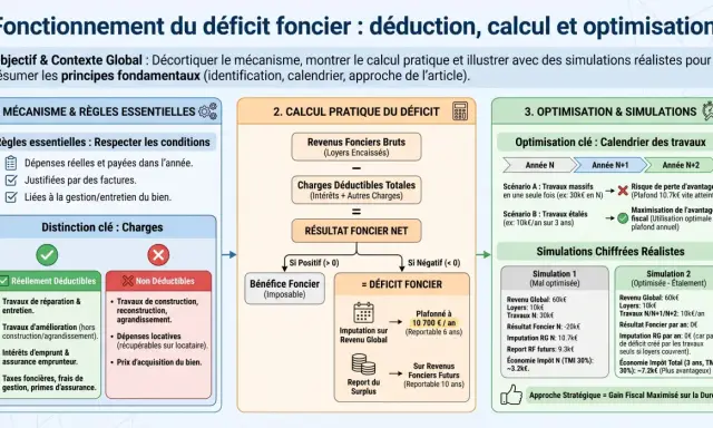 Schéma expliquant le calcul du déficit foncier, les charges déductibles et l'optimisation fiscale des travaux immobiliers.
