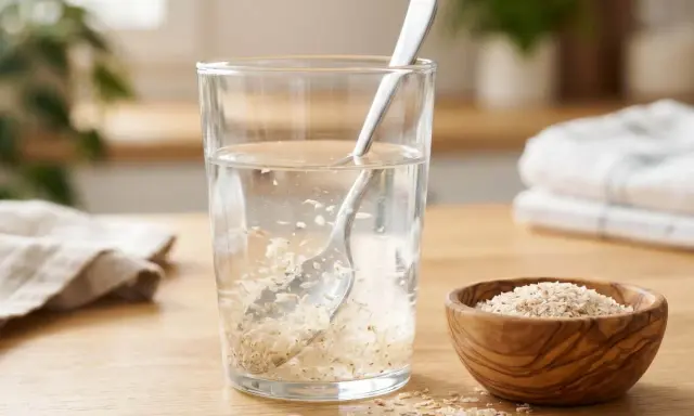 Un verre d'eau avec du psyllium, une aide naturelle contre la constipation. Une cuillère remue les graines dans l'eau.