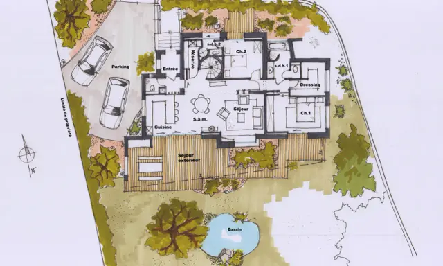 Plan maison ancienne : vue aérienne d'une maison avec parking, entrée, cuisine, séjour, chambres, salle de bain, dressing, séjour extérieur, et un bassin.