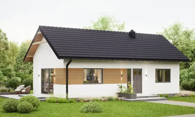 Nowoczesny domek letniskowy z drewnianymi akcentami, idealny na wypoczynek. Sprawdź, jak uzyskać dofinansowanie na domek letniskowy i spełnić marzenia o własnym azylu.