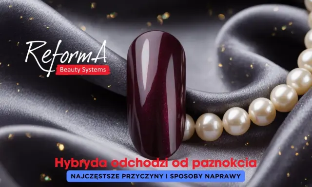 Ciemny, błyszczący lakier hybrydowy na tle jedwabiu i pereł. Temat: zapowietrzenie paznokcia i jego naprawa.