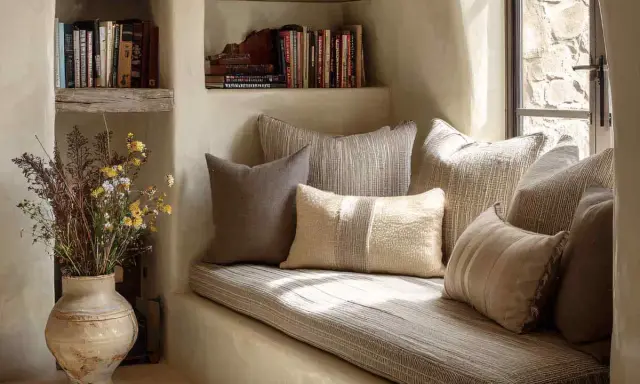 Un rincón de lectura acogedor con libros en estantes rústicos, cojines mullidos y un jarrón con flores silvestres.