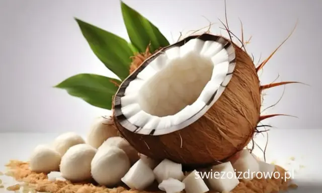 Połówka kokosa, kulki i kostki z miąższu, liście i brązowa mąka kokosowa ig.