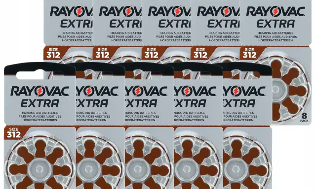 Gdzie kupić baterie do aparatu słuchowego? Opakowania baterii Rayovac Extra, rozmiar 312, po 8 sztuk.