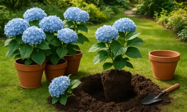 Plantation d'hortensias bleus en pot. L'entretien de ces magnifiques fleurs commence par un bon rempotage.