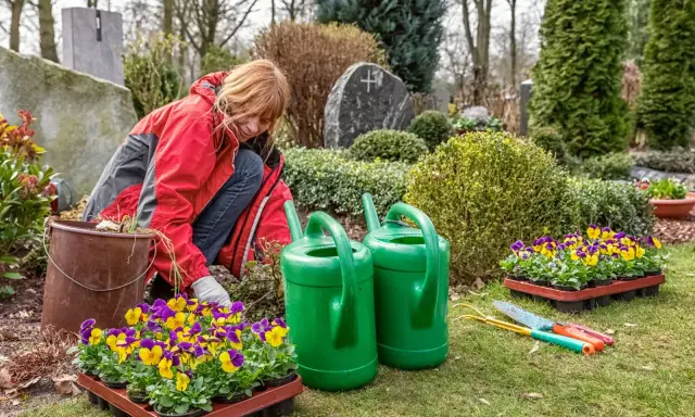 Kobieta sadzi bratki na cmentarzu, otoczona zielonymi krzewami i narzędziami ogrodniczymi.