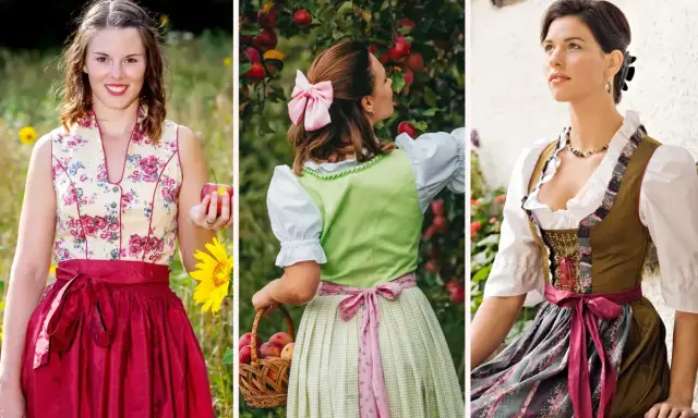 Drei Frauen in Tracht mit verschiedenen Dirndl-Looks. Eine mit einfacher Wiesn Frisur, eine beim Apfelpflücken und eine mit Schmuck.