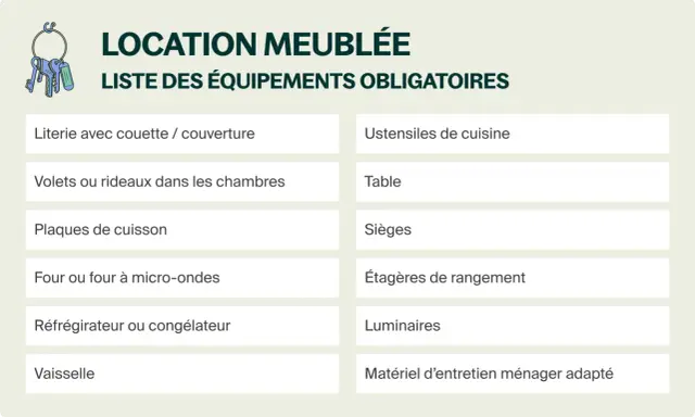 Liste des équipements obligatoires pour une location meublée : vaisselle, literie, cuisine, etc.