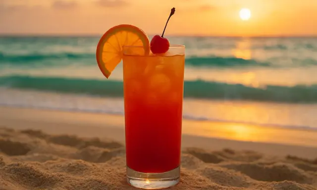 Koktajl "Sex on the Beach" na piasku, z widokiem na ocean i zachód słońca. Idealny na wakacje.