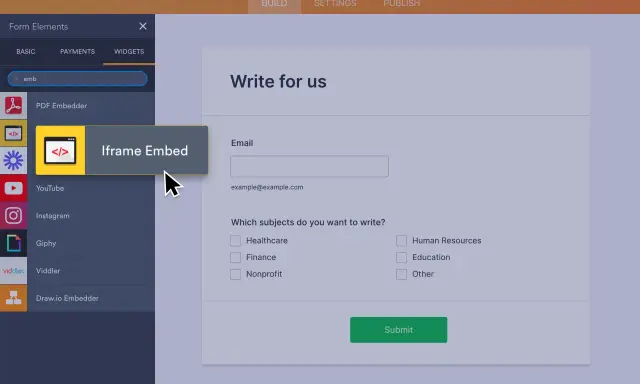 Wybieranie elementu Iframe Embed do dodania kodu html embed.