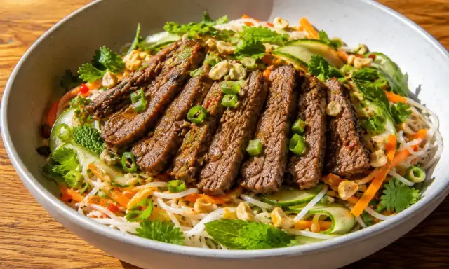 En skål med asiatisk biffsallad med nudlar, strimlad biff, gurka, morötter, mynta och jordnötter.