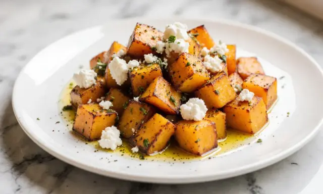 Chrupiące bataty z airfryer, posypane serem feta i ziołami, polane oliwą. Pyszna przekąska!