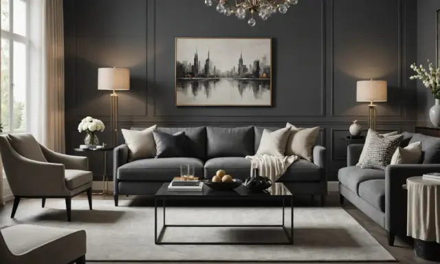 Salon moderne aux tons gris anthracite et beige, avec canapé, fauteuils, table basse et tableau de ville.