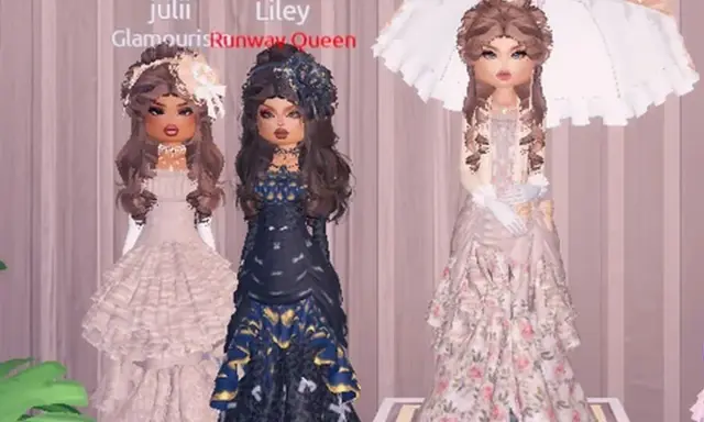 Three avatars in elaborate gowns, ready to impress with a dress to impress theme. One wears a ruffled white gown, another a dark blue and gold dress, and the third a floral gown under a parasol.