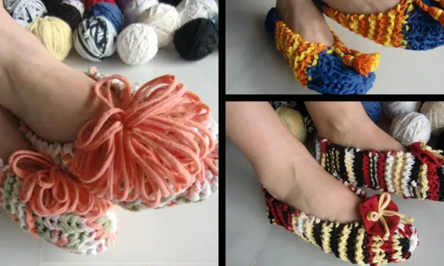 Patrón zapatillas trapillo: zapatillas tejidas a mano con trapillo de colores, con pompones y lazos.