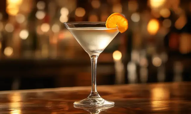 Elegancki martini, idealny james bond drink, z plasterkiem pomarańczy na krawędzi kieliszka, na tle rozmytego baru.