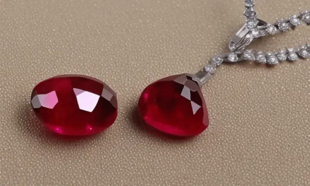 Due magnifiche pietre rosse, tagliate a goccia e ovali, brillano accanto a una collana di diamanti scintillanti.