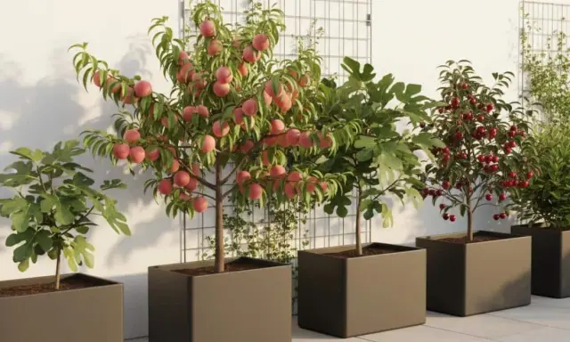 Un petit arbre fruitier, chargé de pêches roses, trône au milieu d'autres arbres en pot sur une terrasse ensoleillée.