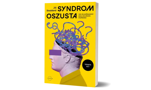 Okładka książki "Syndrom oszusta" Jill Stoddard. Stylizowana głowa z plątaniną myśli i znaków zapytania symbolizuje wewnętrzne wątpliwości.