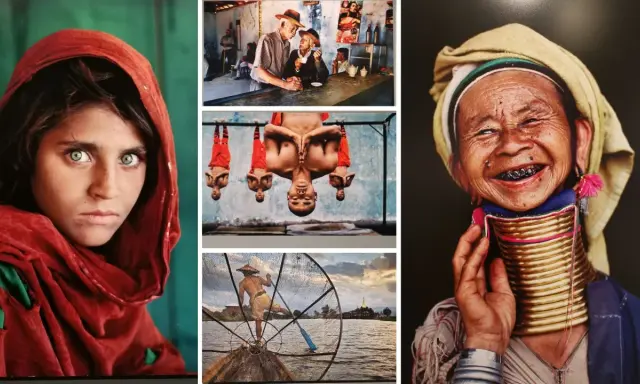 Opera d'arte di Steve McCurry: ritratto di bambina afghana, monaci in posa, pescatore e donna con anelli al collo.