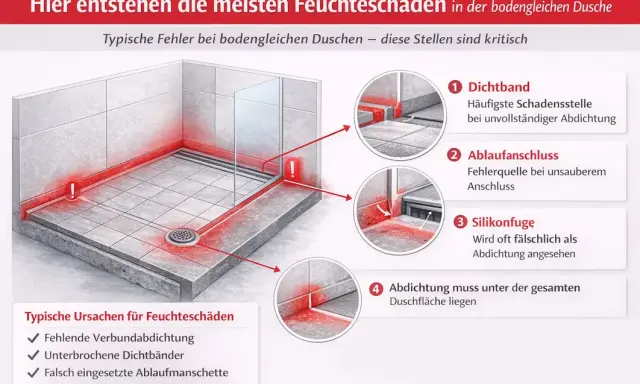 Feuchteschäden in der bodengleichen Dusche entstehen oft an Dichtbändern, Ablaufanschlüssen und Silikonfugen. Die Grafik zeigt kritische Stellen.
