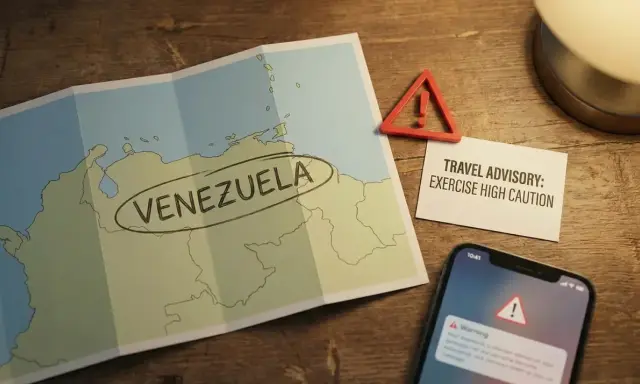 Mapa Wenezueli, ostrzeżenie o podróży i telefon z powiadomieniem o zagrożeniu.