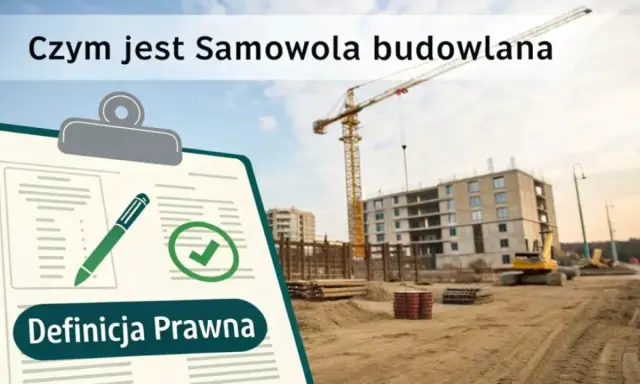 Tablica z tekstem "Definicja Prawna" i symbolem zaznaczenia, na tle budowy z dźwigiem. Dowiedz się, czym jest samowola budowlana i jaka grozi za nią kara.