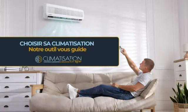 Un homme utilise une télécommande pour régler un climatiseur pour une pièce de 25m2. Le texte indique "Choisir sa climatisation".