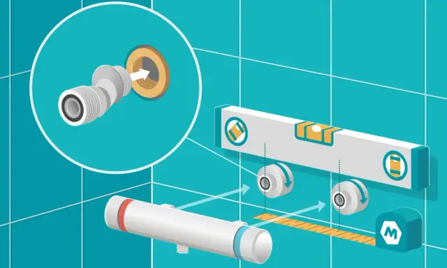 Schéma d'installation mitigeur thermostatique : raccordement, niveau à bulle et mètre pour un montage précis.