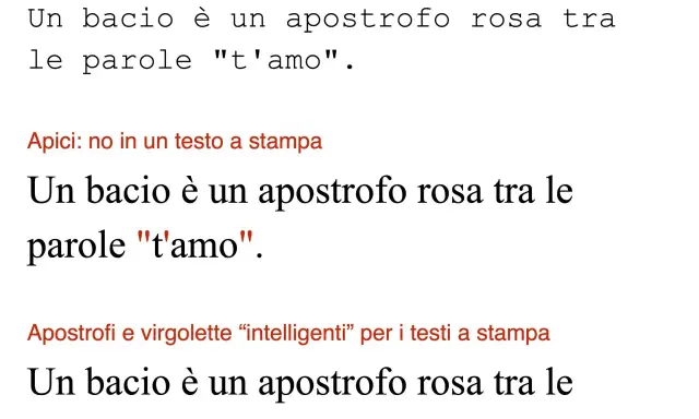 Un bacio è un apostrofo rosa tra le parole "t'amo". La figura retorica dell'apostrofe è qui rappresentata visivamente.