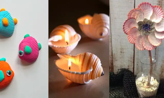 Idées créatives pour savoir que faire avec des coquillages ramassés sur la plage : poissons décoratifs, bougies, et une fleur en coquillages.