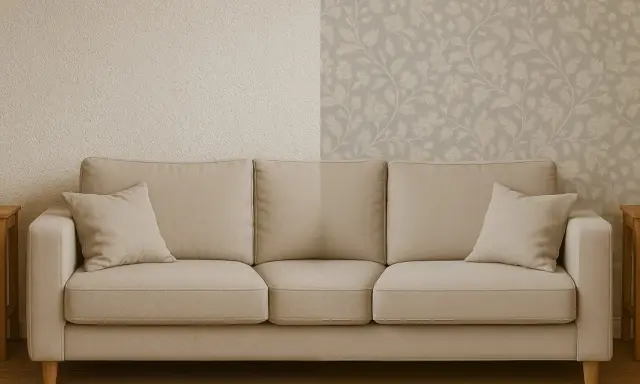 Sofá beige frente a pared dividida: un lado con textura rugosa, el otro con papel pintado floral. Se puede poner papel pintado sobre gotelé.