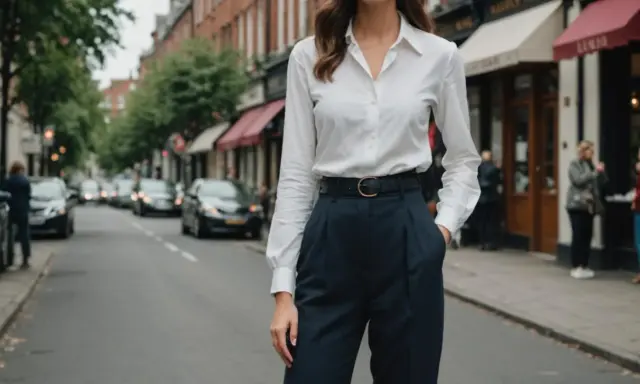 Elegancka stylizacja: biała koszula i granatowe szerokie spodnie. Idealne połączenie, które sprawdzi się w każdej sytuacji. Jaka marynarka do szerokich spodni? Ta stylizacja pokazuje, że czasem mniej znaczy więcej.