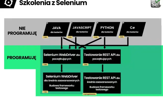 Schemat szkoleń z Selenium: kursy dla testerów nieprogramujących (Java, JS, Python, C#) i programujących (Selenium WebDriver, testowanie REST API).
