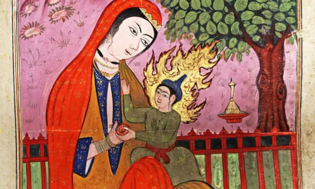 Eine Frau in Rot und Blau hält ein Kind, das von Flammen umgeben ist. Eine Szene aus der islamischen Geschichte, die Isa (Jesus) und seine Mutter Maria darstellt.