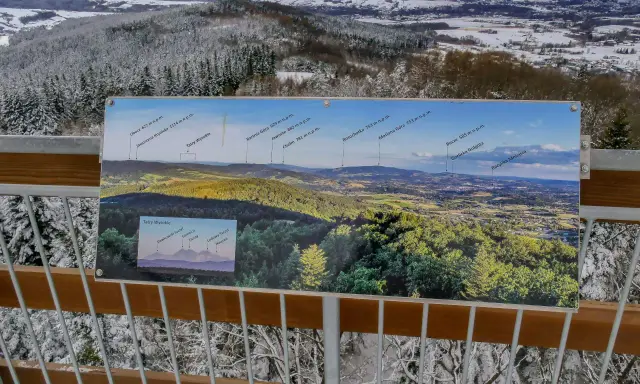 Widok z wieży widokowej na ośnieżony las i panoramę gór z tablicą informacyjną.