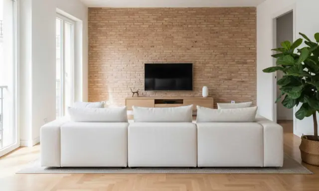 Sofá blanco modular frente a pared de ladrillo y mueble de TV. La **dirección de obra** supervisó este moderno y acogedor salón.
