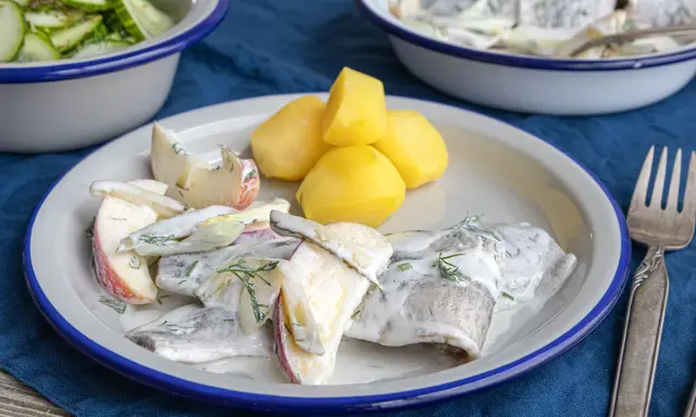 Eingelegter Hering mit Apfelspalten, Kartoffeln und Dill auf einem Teller. Daneben ein Schälchen Gurkensalat.