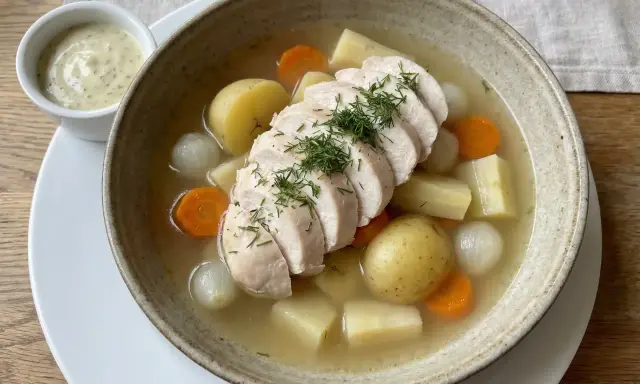 En värmande kycklingsoppa med potatis, morötter och lök. Ett enkelt kyckling recept som passar perfekt en kall dag. Serveras med en krämig sås.