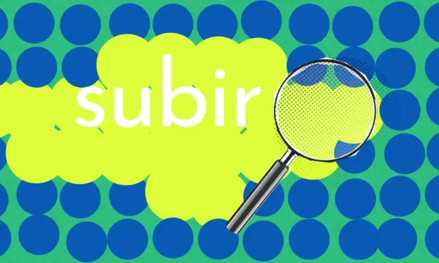 Une loupe examine le mot "subir" sur un fond vert à pois bleus. Le participe passé de subir est "subi".