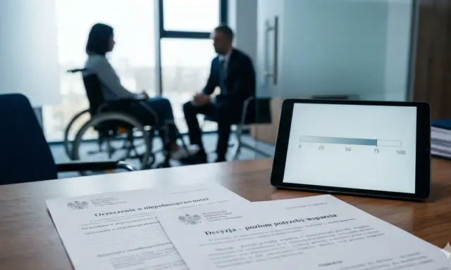 Kobieta na wózku inwalidzkim rozmawia z mężczyzną. Na stole dokumenty dotyczące orzeczenia o niepełnosprawności i tablet z wykresem. Grupa inwalidzka.